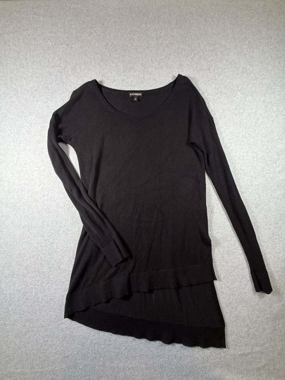 Express Women's Black Asymmetrical Long Sleeve Scoop Neck Tunic Sweater